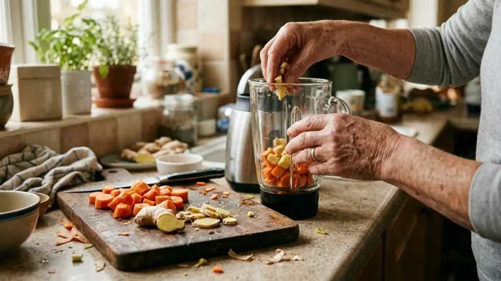 Suco de Beterraba para o Fígado: a Receita de Desintoxicação Completa com Mais 6 Sucos para Cada Órgão 2 Suco de Beterraba - Idosa preparando suco detox natural na cozinha