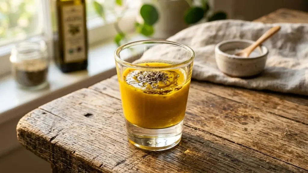 A Química da Cúrcuma com Pimenta Preta: Como a Piperina Potencializa o Alívio das Dores Articulares 2 Shot de cúrcuma com pimenta preta e azeite para dor nas juntas.