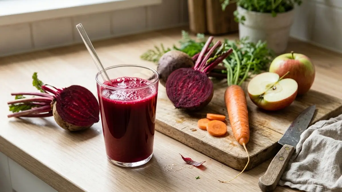Suco de beterraba para o fígado em copo de vidro com ingredientes ao lado