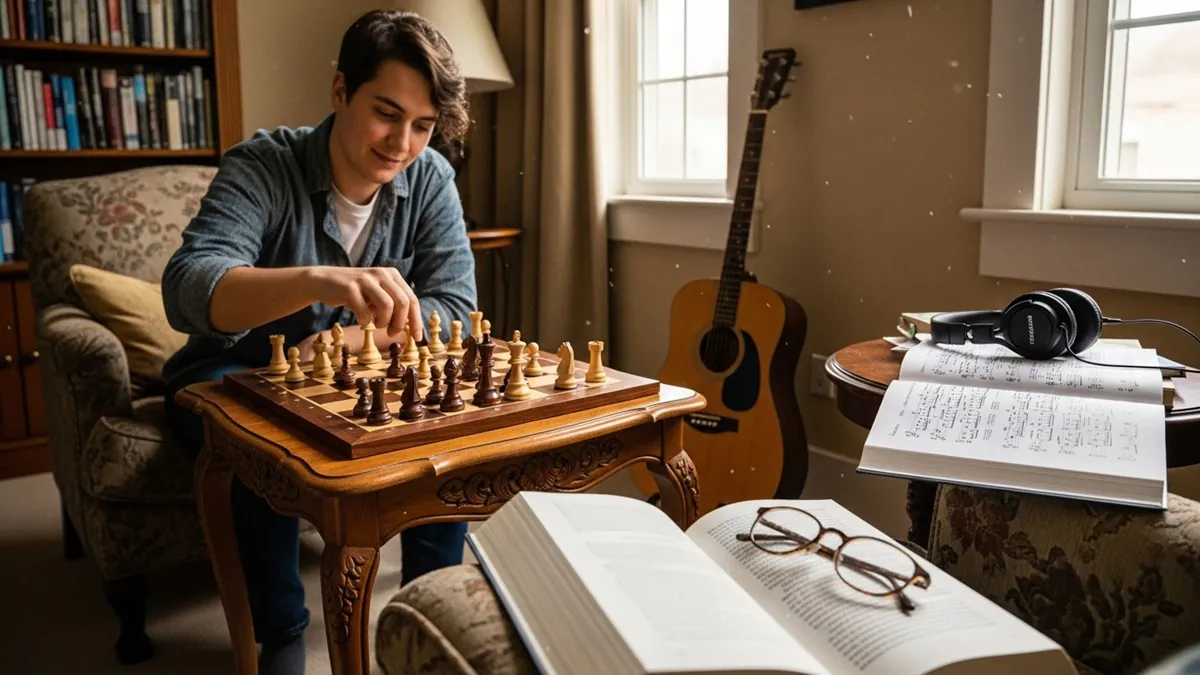 Hobbies para o Cérebro - Mulher de 30 anos sorri enquanto joga xadrez, com um livro e um violão ao fundo, representando hobbies para o cérebro.